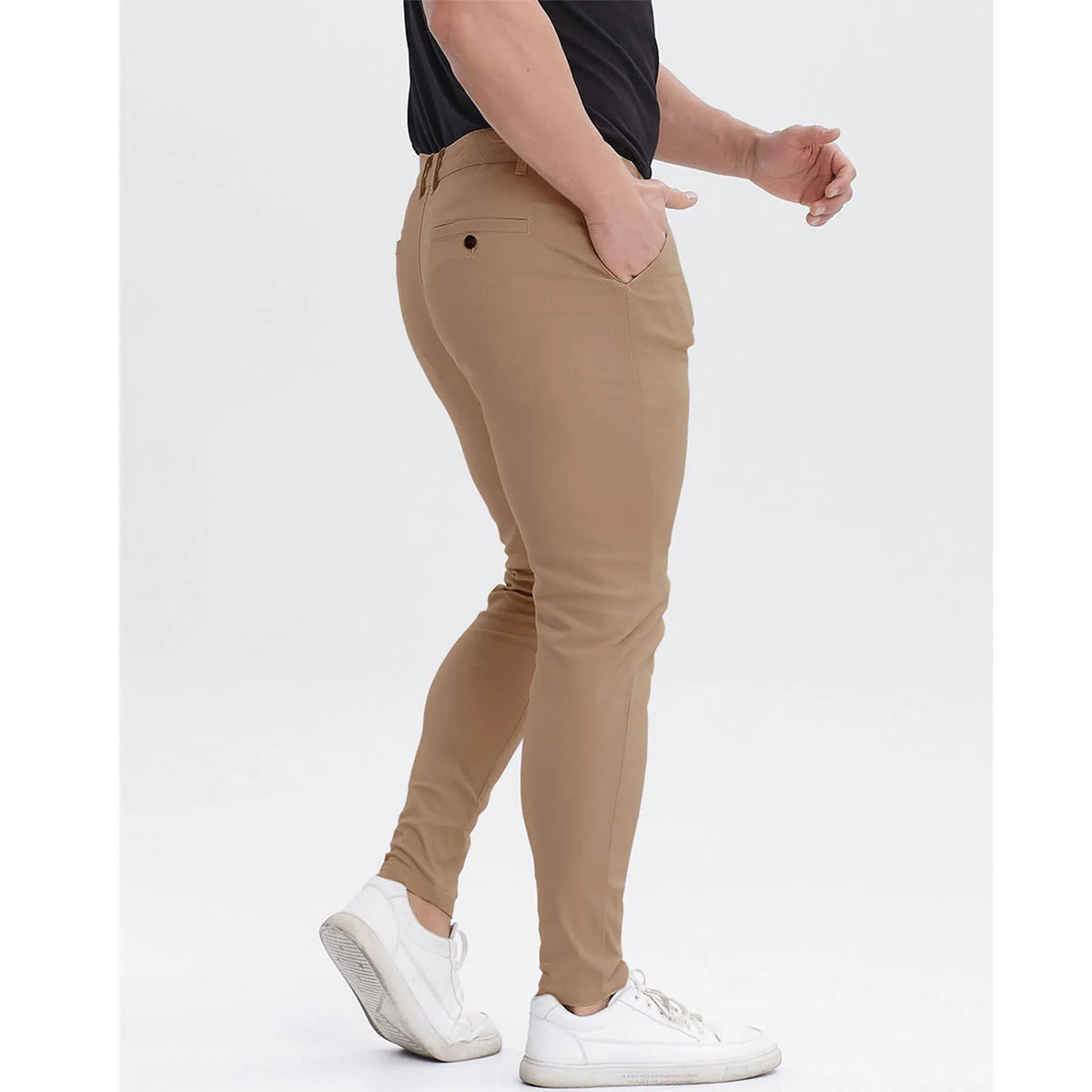 Men wearing tan chinos with business casual outfit