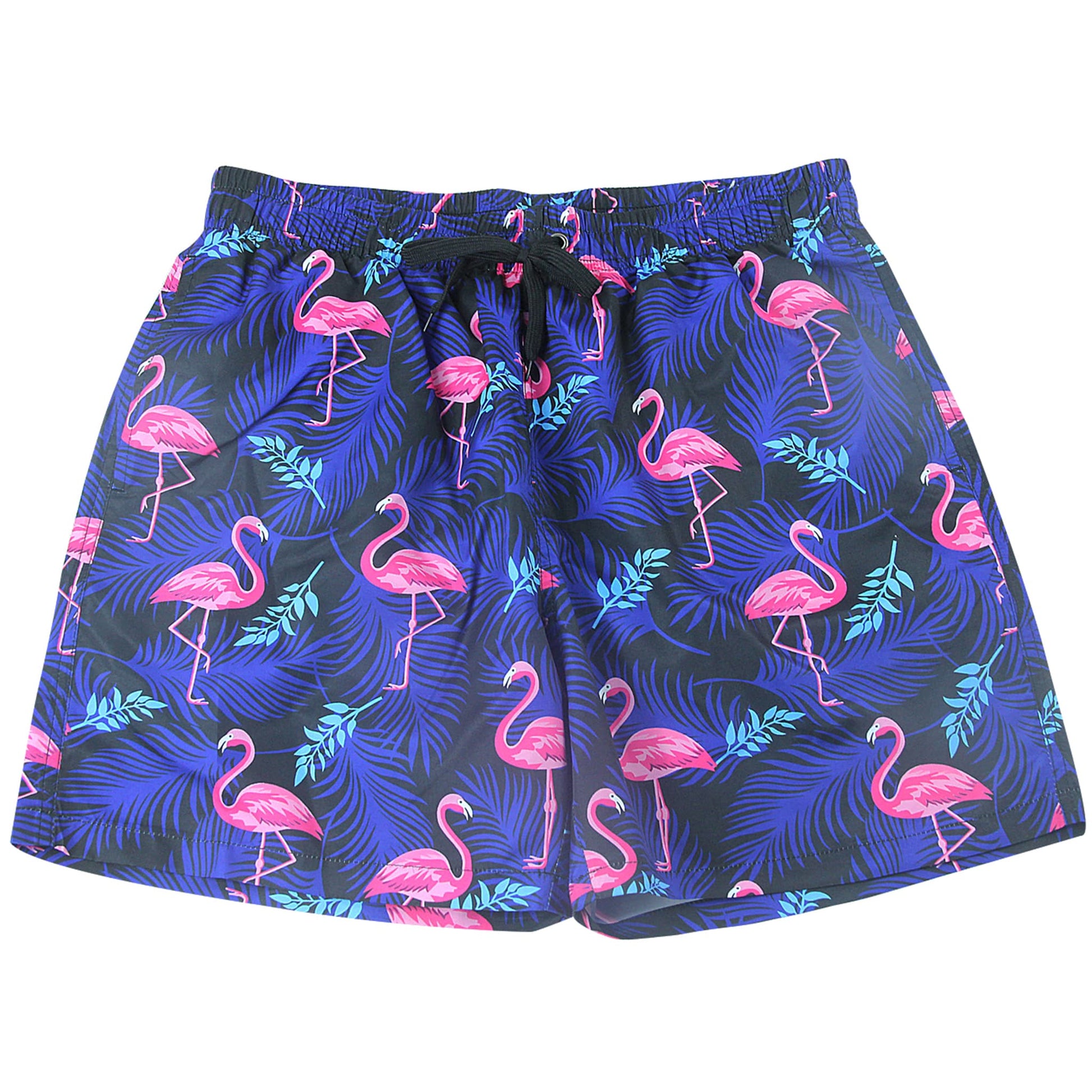 Men's purple flamingo swim trunks with mesh lining