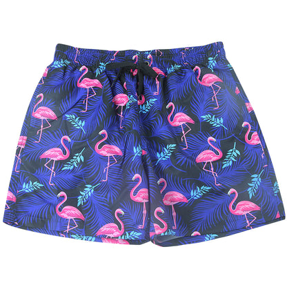Men's purple flamingo swim trunks with mesh lining