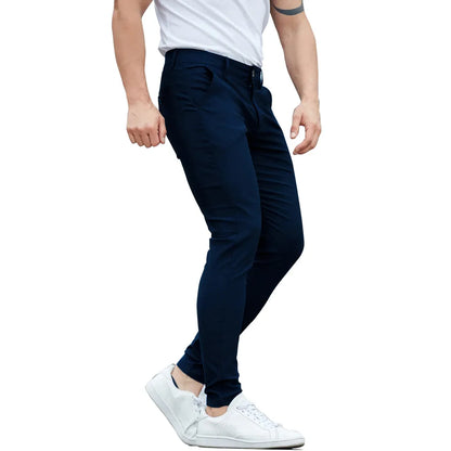 Men wearing navy blue chinos with a dress shirt for business casual style