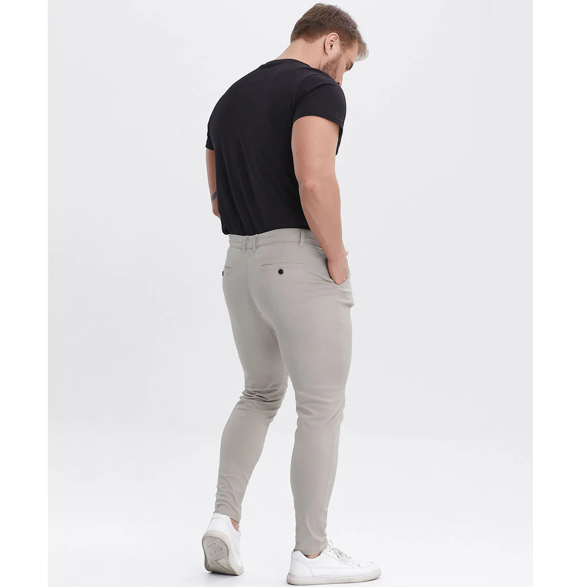 Close up view of men's stretch chino pants fabric