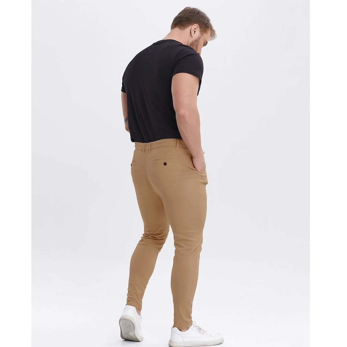 Men's Slim Fit Stretch Chinos - Tan Pleated Business Casual Pants
