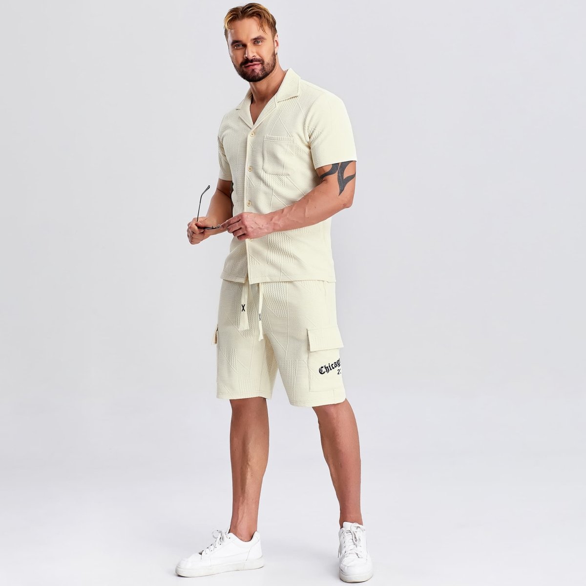 beige button down mens 2 piece outfits drawstring cargo shorts
