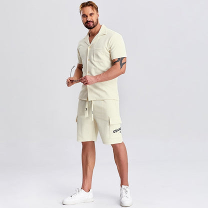 beige button down mens 2 piece outfits drawstring cargo shorts