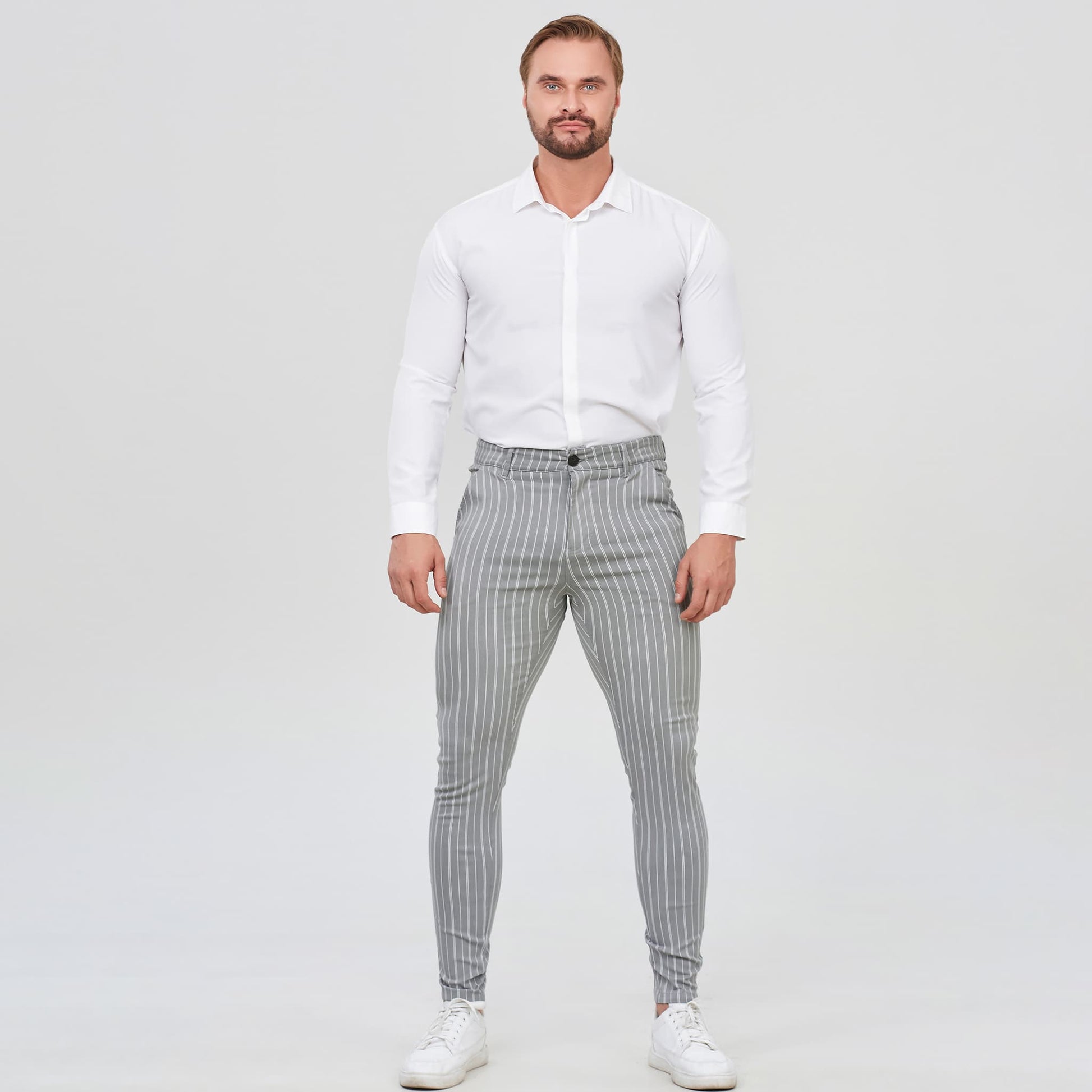 grey striped mens athletic dress pants slim fit stretchy