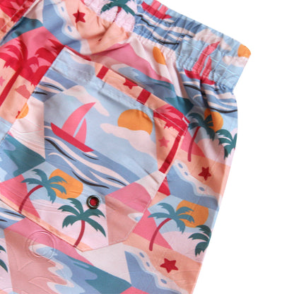 red coconut tree mens bathing trunks back pocket
