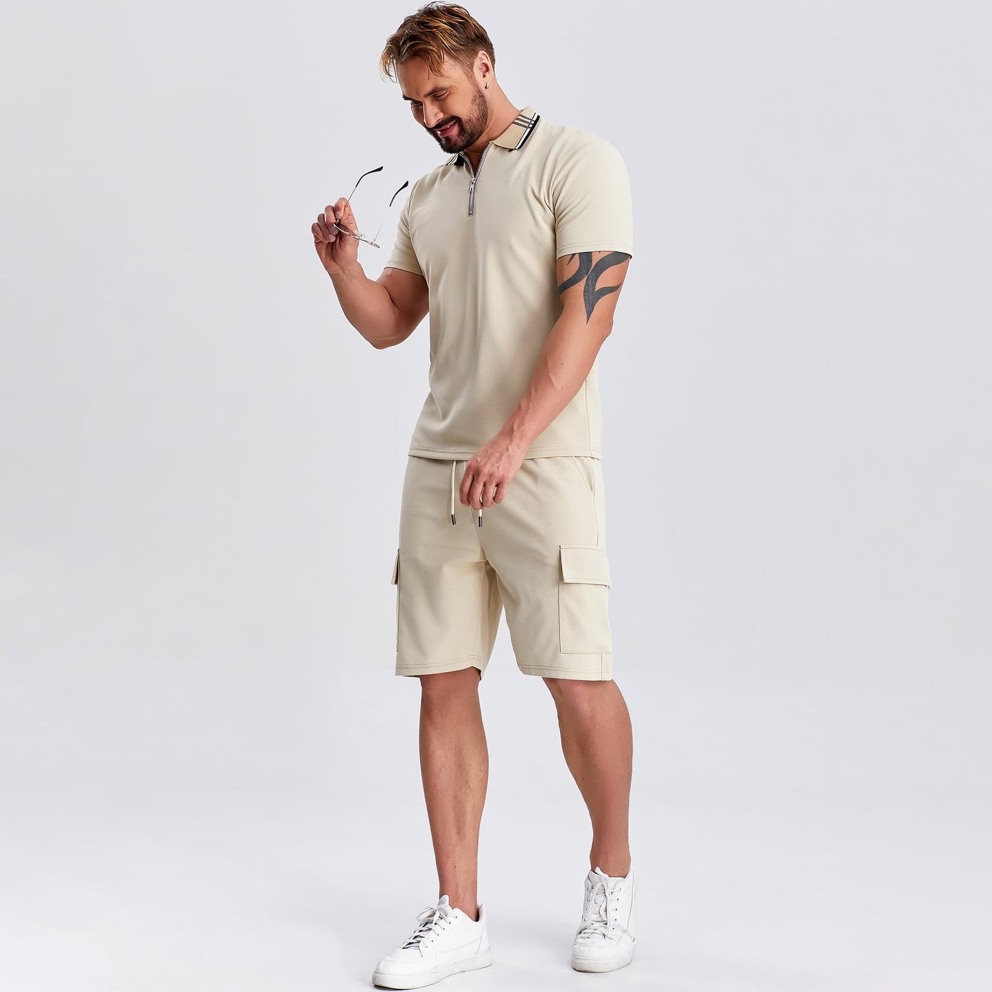 khaki zip upper mens beach outfit drawstring