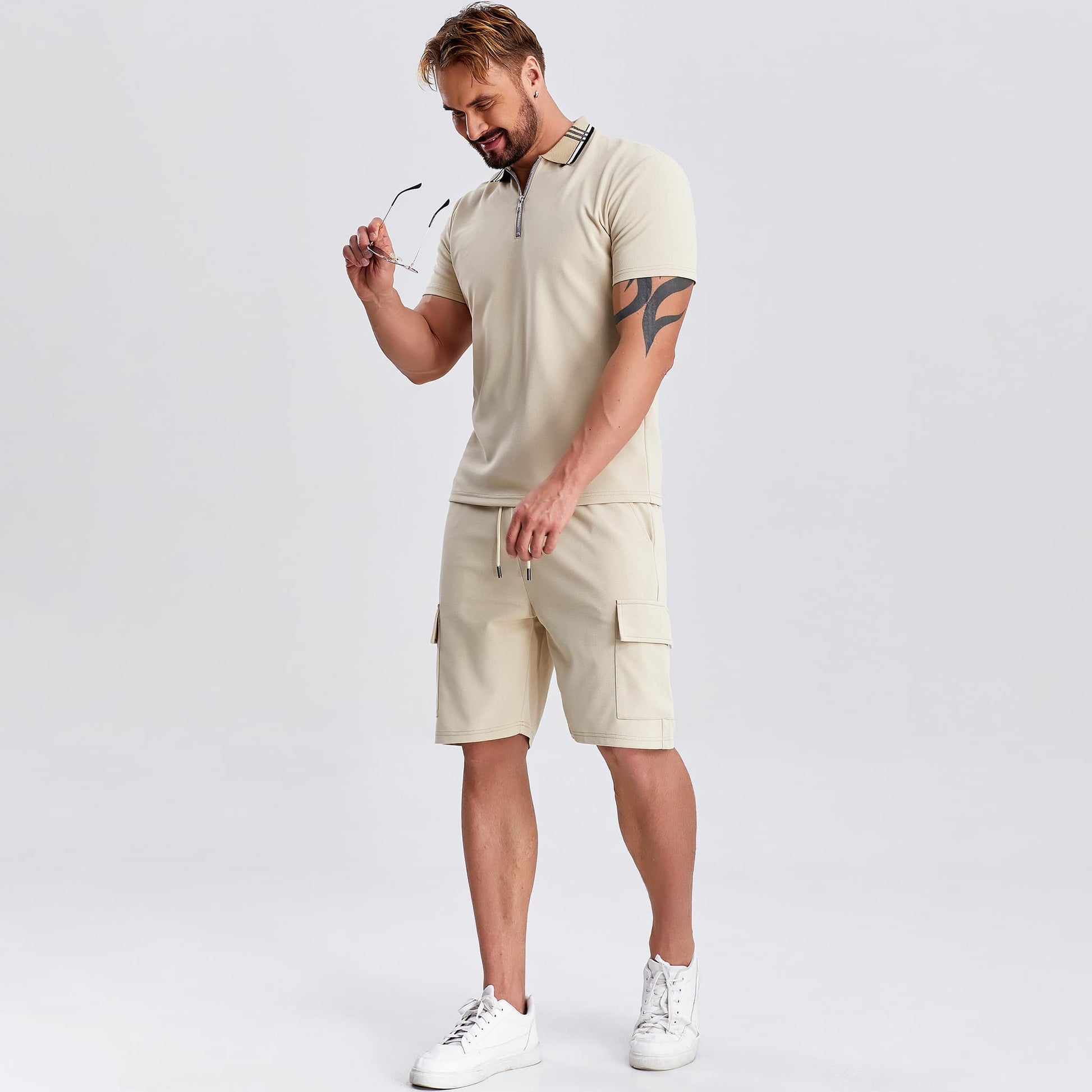 khaki zip upper mens beach outfit drawstring