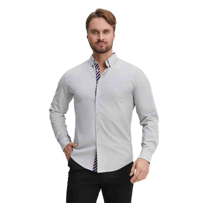Men's Long Sleeve Dress Shirts Slim Fit Inner Contrast Business Casual Button Down Light Grey Shirt