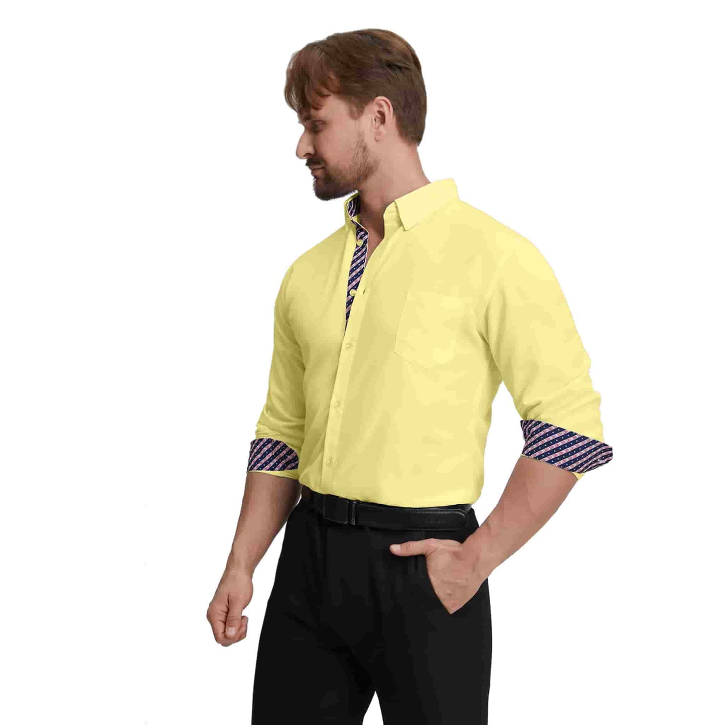 Men's Long Sleeve Dress Shirts Slim Fit Inner Contrast Business Casual Button Down Yellow Shirt