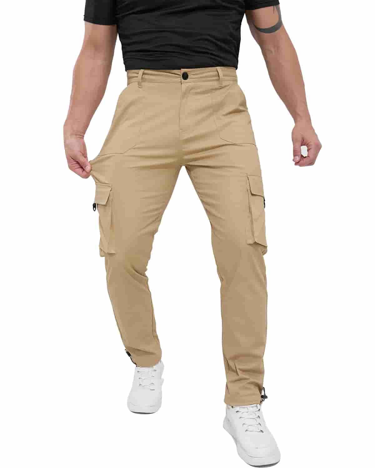 ALLELMS Mens Straight-Fit Stretch Khaki Cargo Pant with Multi Pockets