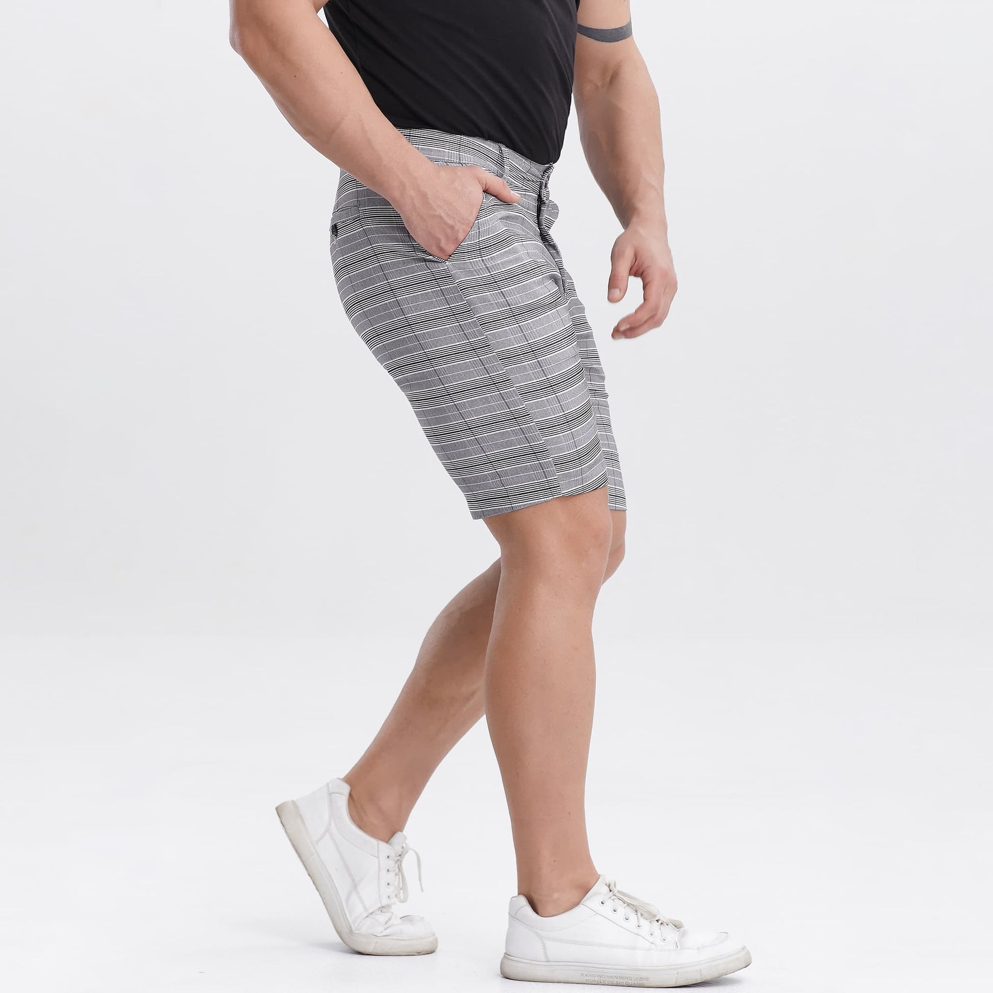 grey plaid mens casual shorts 9 inch inseam slim fit stretch