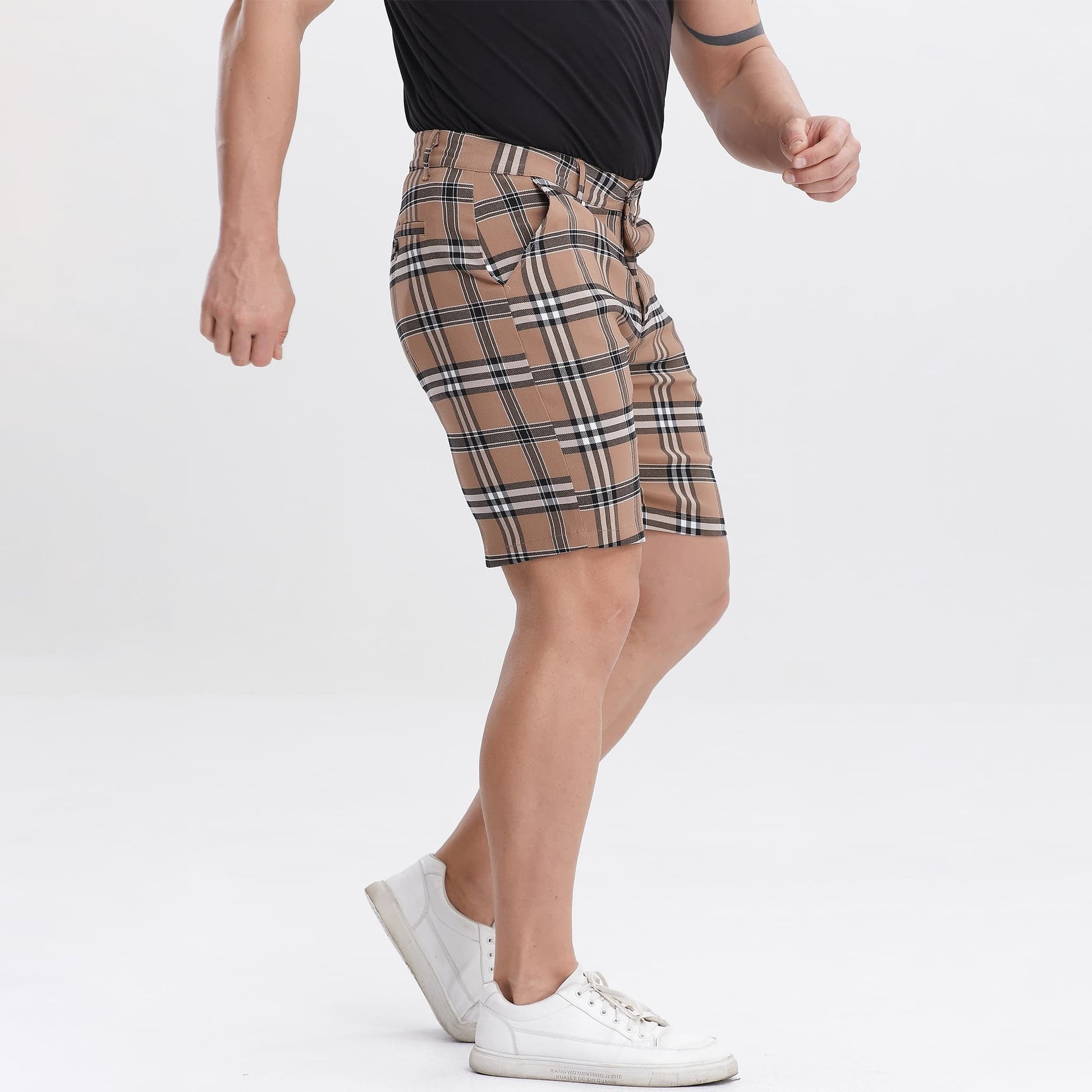brown checkered mens chino shorts 9 inch inseam sim fit stretch