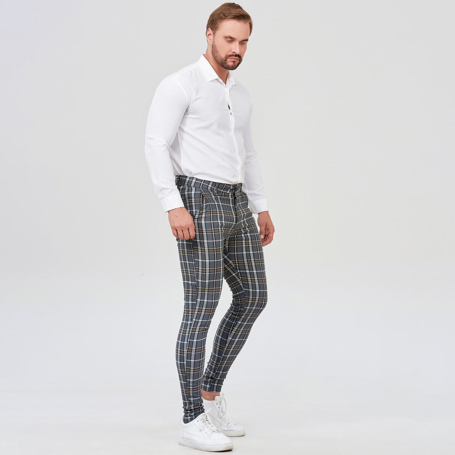 grey plaid mens cocktail attire slim fit stretchy