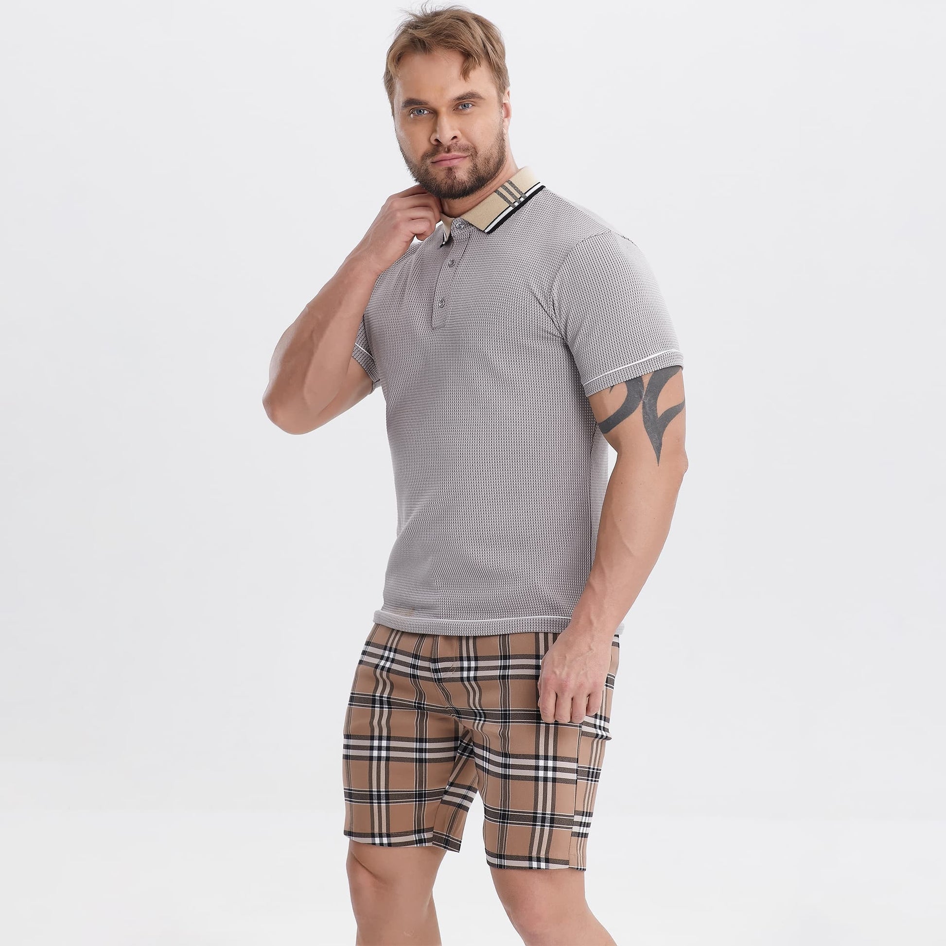 mens collar grey shirts slim fit stretchy waffle polo