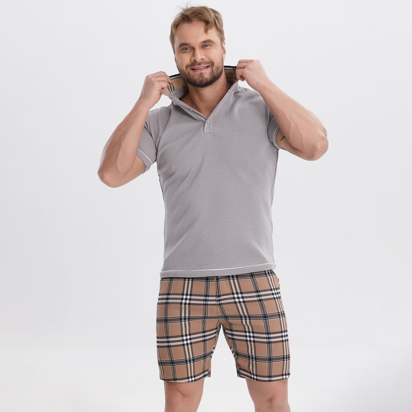 mens crochet grey shirt slim fit stretchy waffle shirts