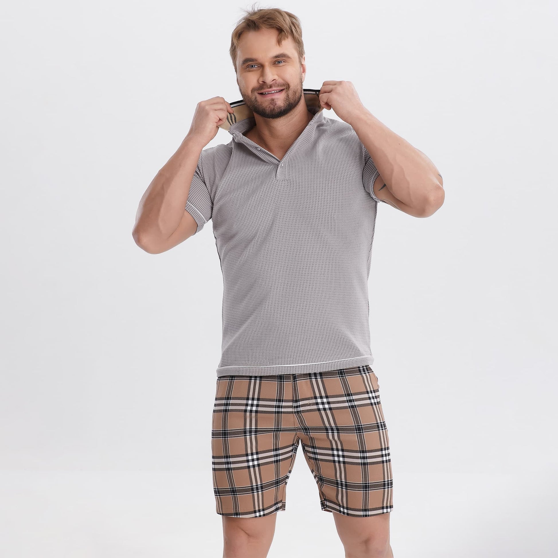 mens crochet grey shirt slim fit stretchy waffle shirts