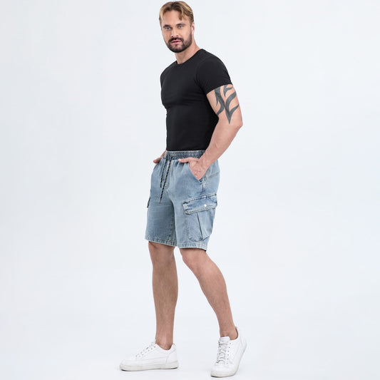 mens denim cargo shorts drawstring waist
