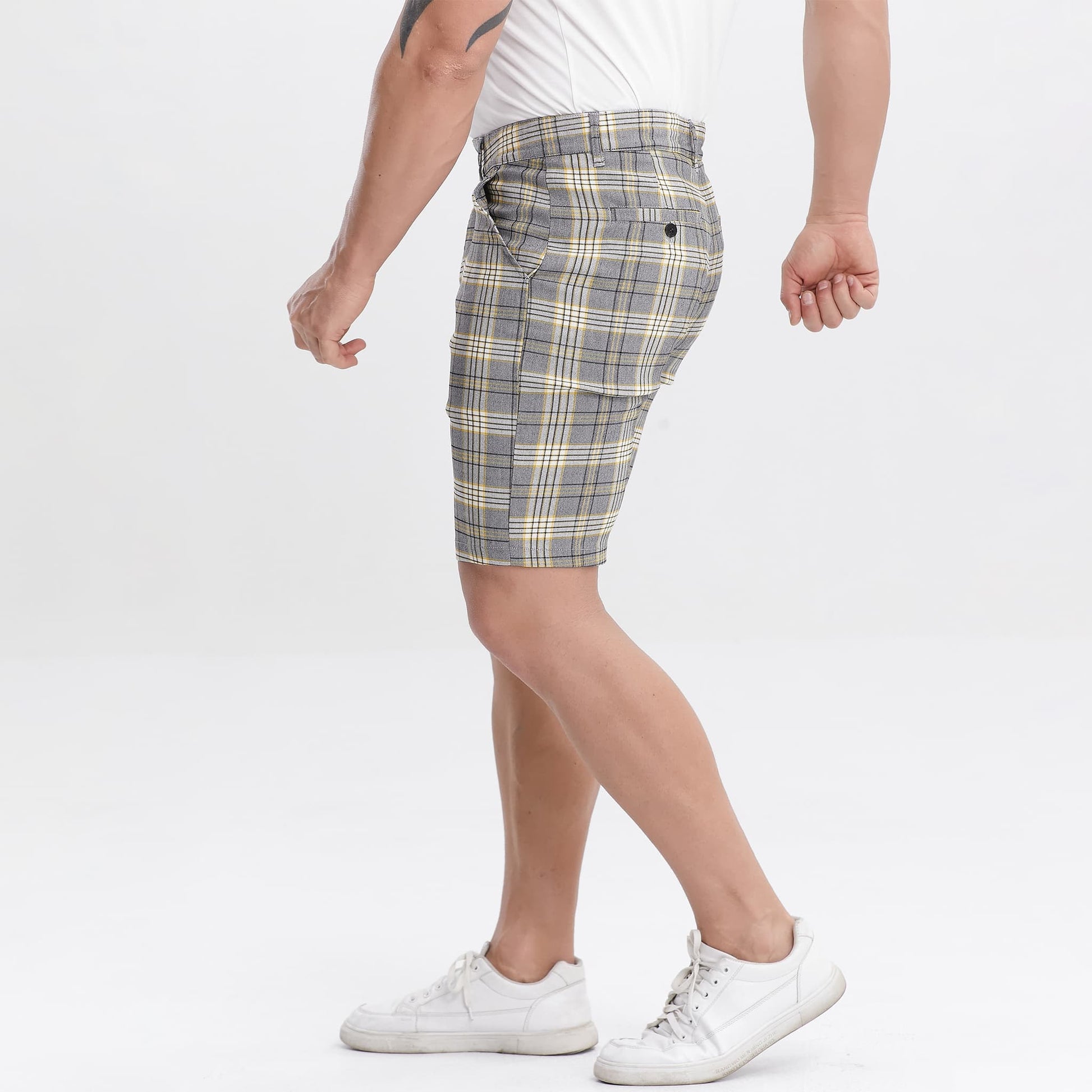 yellow plaid mens docker shorts 9 inch inseam slim fit stretch
