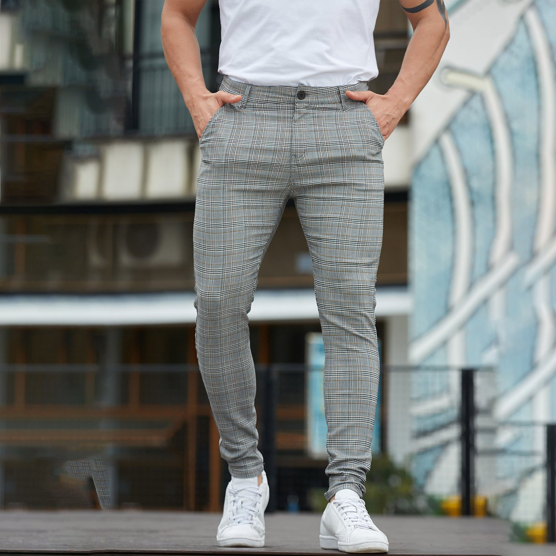 mens grey plaid dress pants slim fit stretch