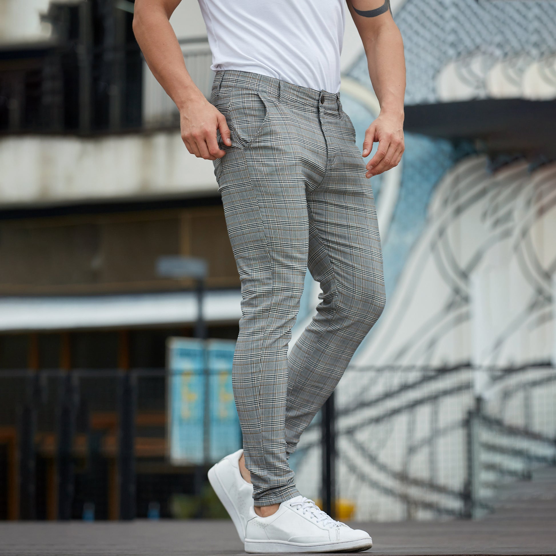 Mens Plaid Slim Fit Stretch Flat-Front Skinny Dress Pants ALLELMS Mens Plaid Slim Fit Stretch Flat-Front Skinny Dress Pants ALLELMS