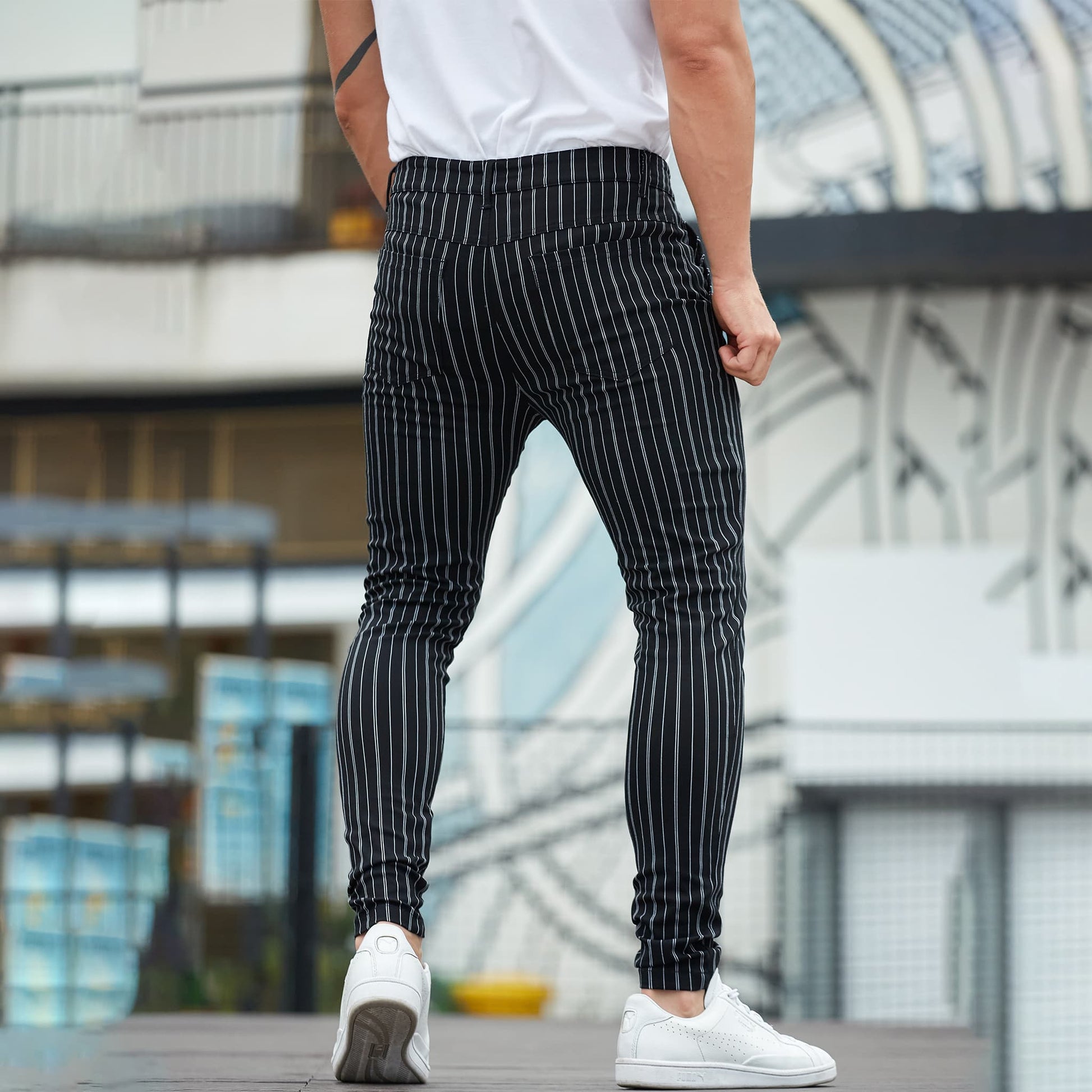slim fit mens high waisted dress pants black striped