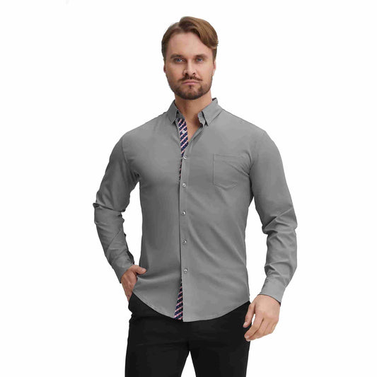 Men's Long Sleeve Dress Shirts Slim Fit Inner Contrast Business Casual Button Down Dark GreyShirt
