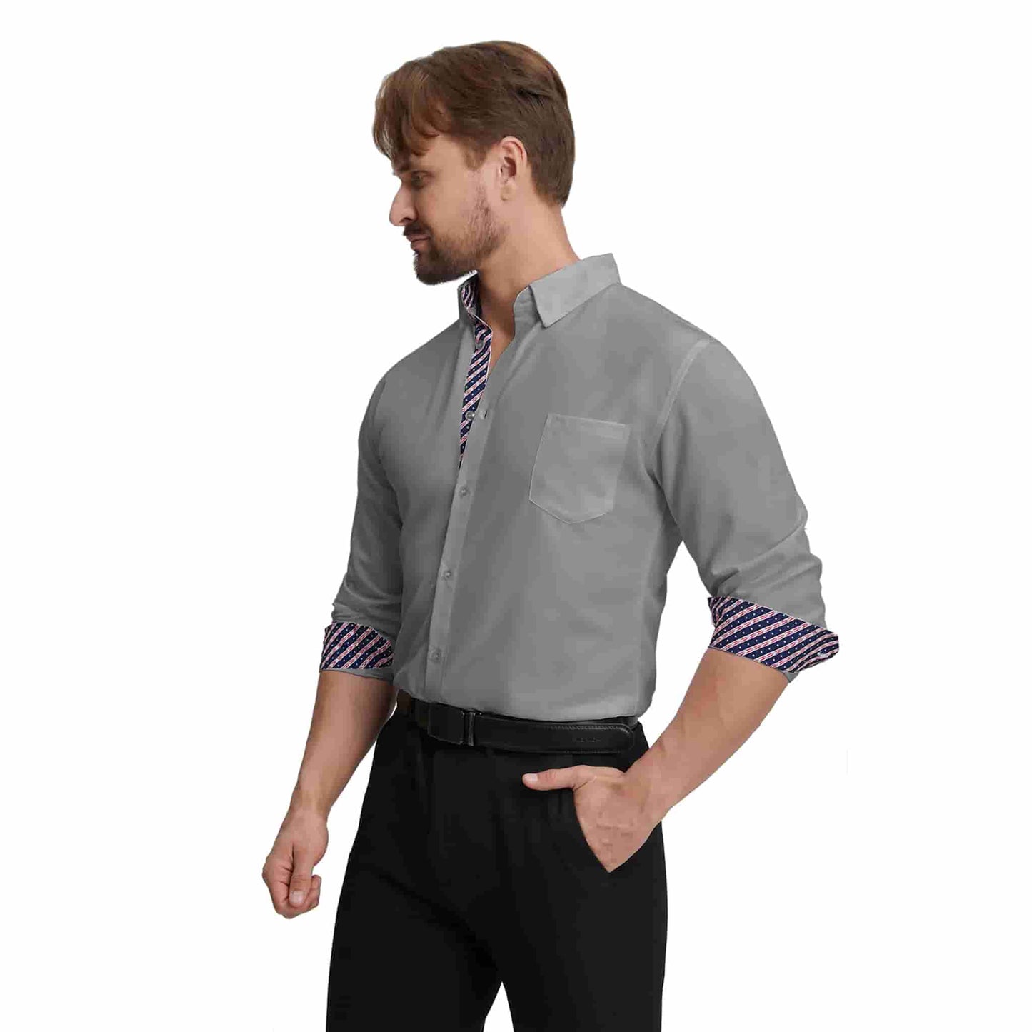 Men's Long Sleeve Dress Shirts Slim Fit Inner Contrast Business Casual Button Down Dark GreyShirt