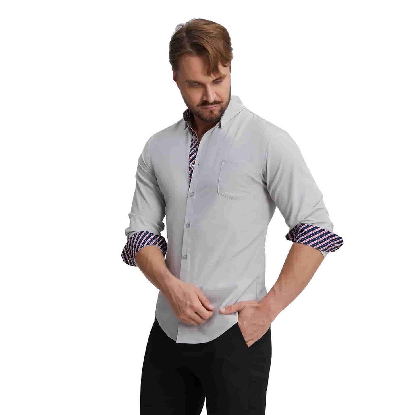 Men's Long Sleeve Dress Shirts Slim Fit Inner Contrast Business Casual Button Down Light Grey Shirt