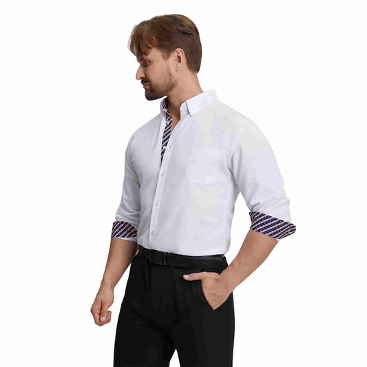 Men's Long Sleeve Dress Shirts Slim Fit Inner Contrast Business Casual Button Down White Shirt