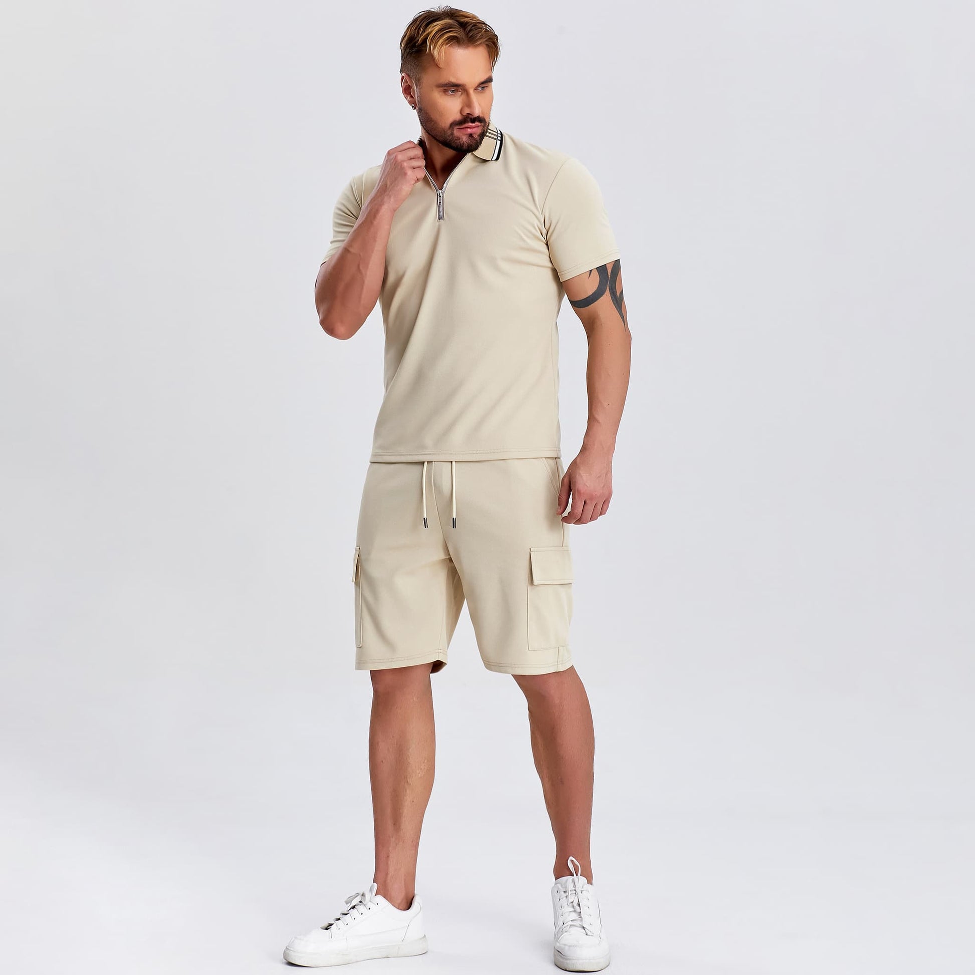 khaki zip upper mens loungewear with drawstring cargo shorts