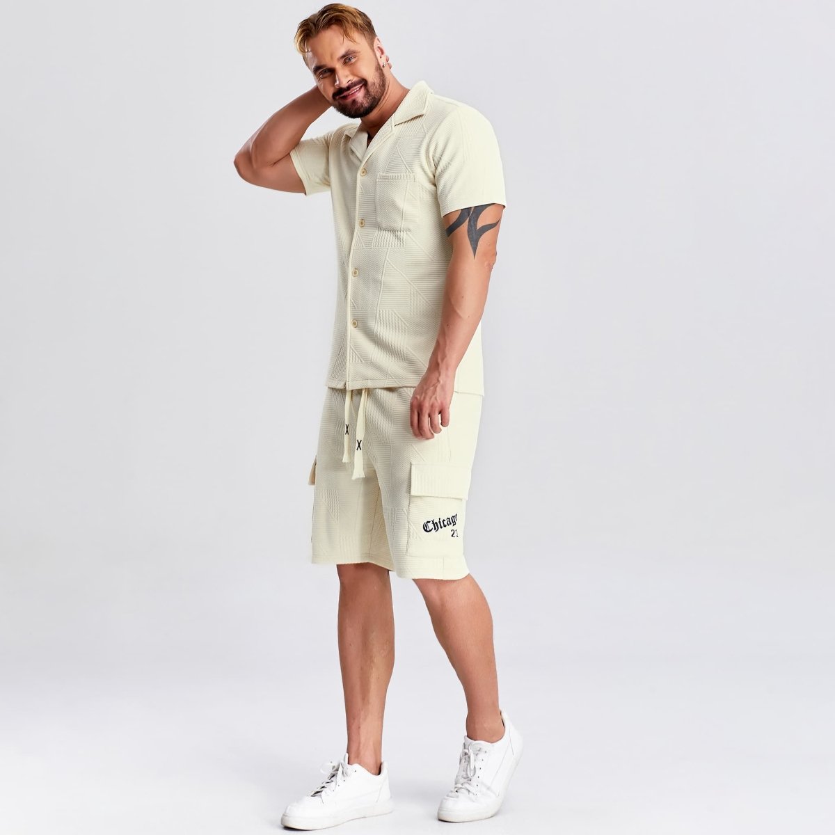 beige button down mens matching set drawstring cargo shorts