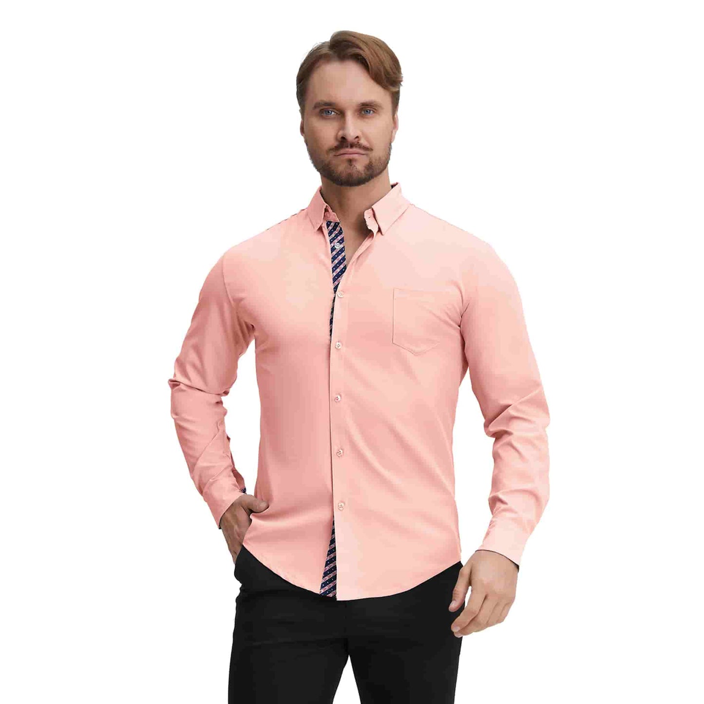 Men's Long Sleeve Dress Shirts Slim Fit Inner Contrast Business Casual Button Down Pink Shirt