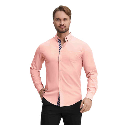 Men's Long Sleeve Dress Shirts Slim Fit Inner Contrast Business Casual Button Down Pink Shirt