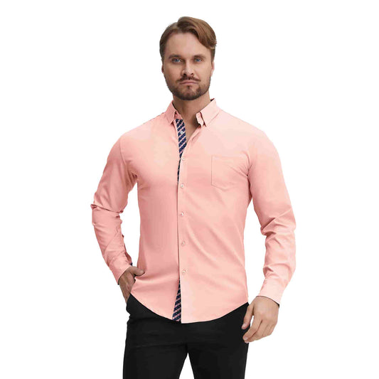 Men's Long Sleeve Dress Shirts Slim Fit Inner Contrast Business Casual Button Down Pink Shirt