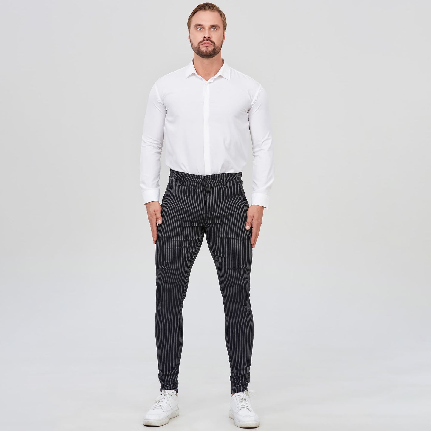 black mens pinstripe suit pant slim fit stretchy