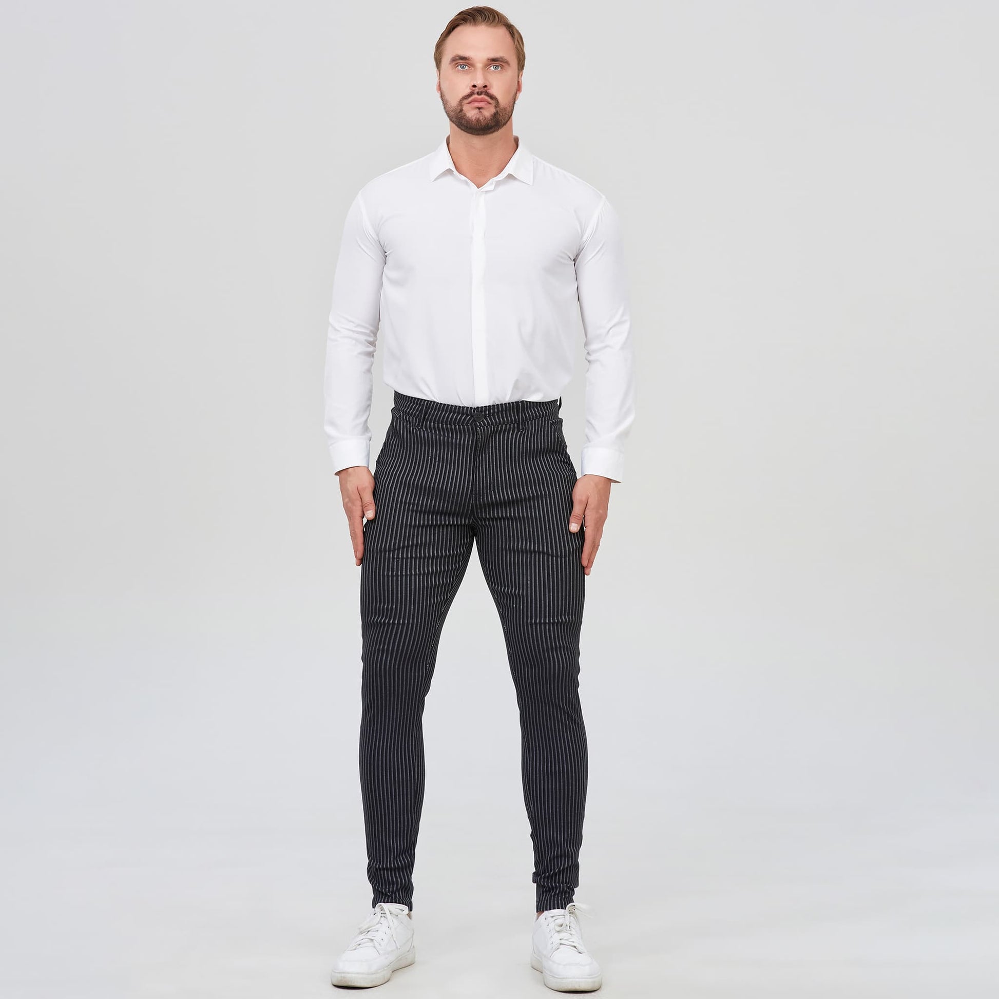 black mens pinstripe suit pant slim fit stretchy