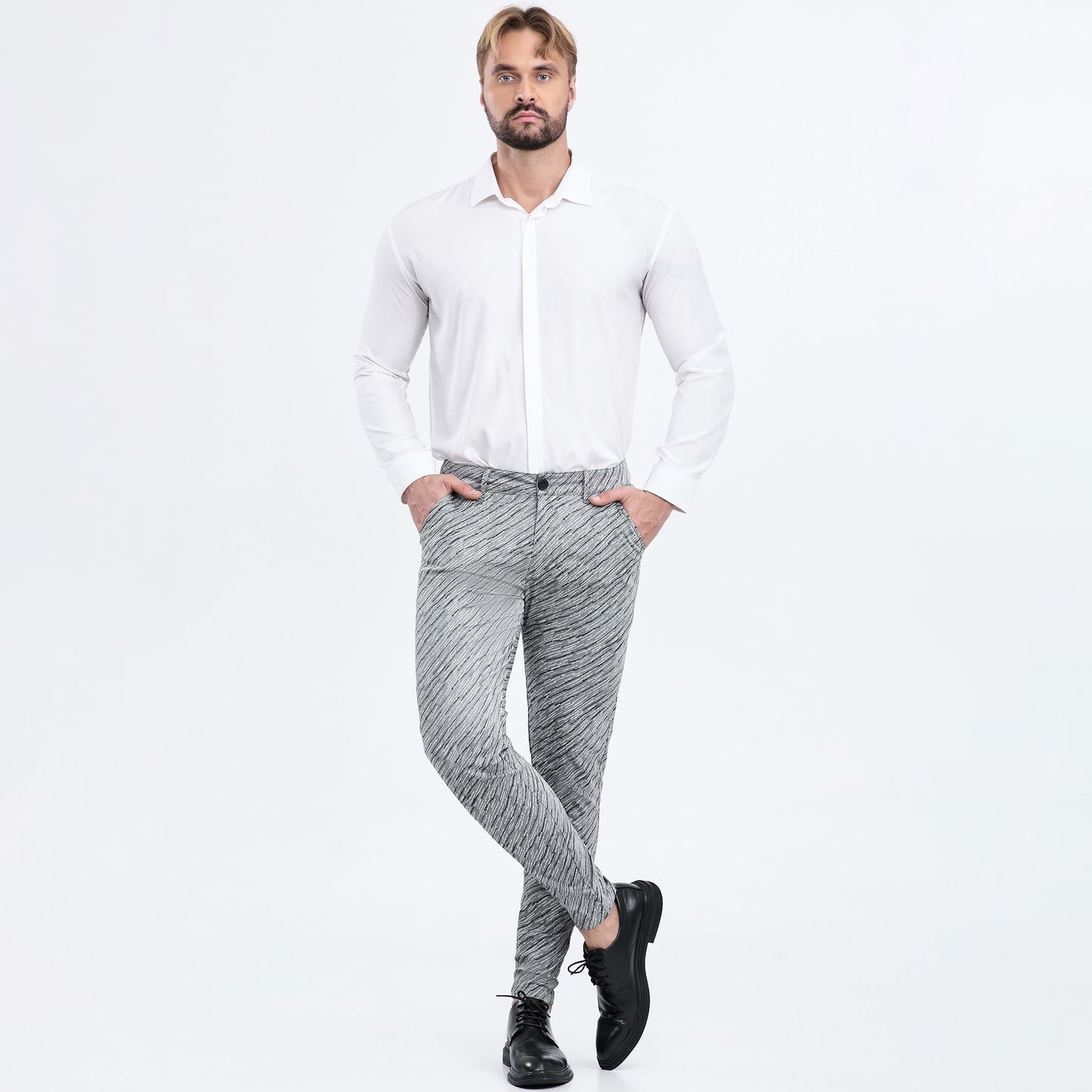 grey slim fit mens pleated pants stretchy