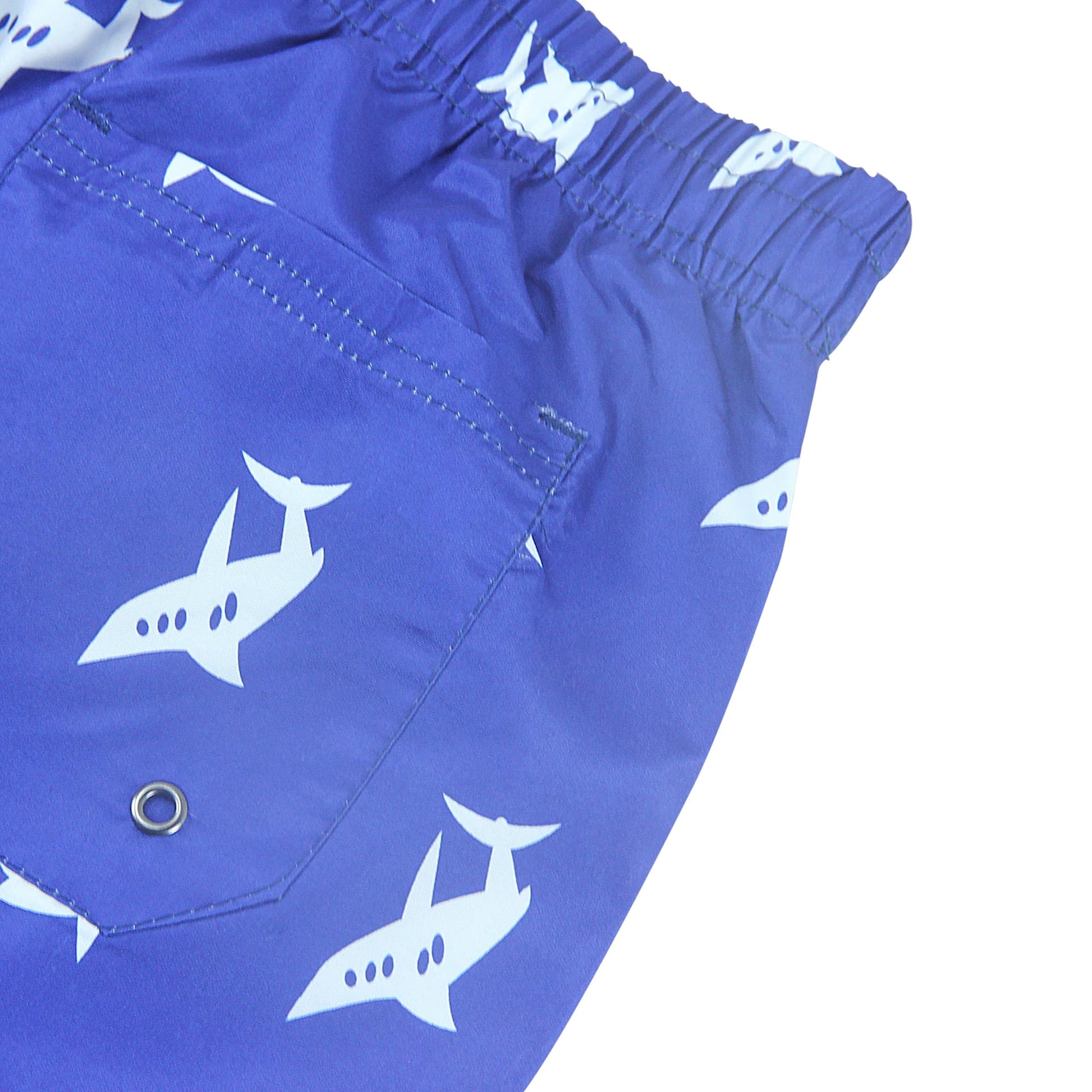 blue shark mens short bathing suit back pocket