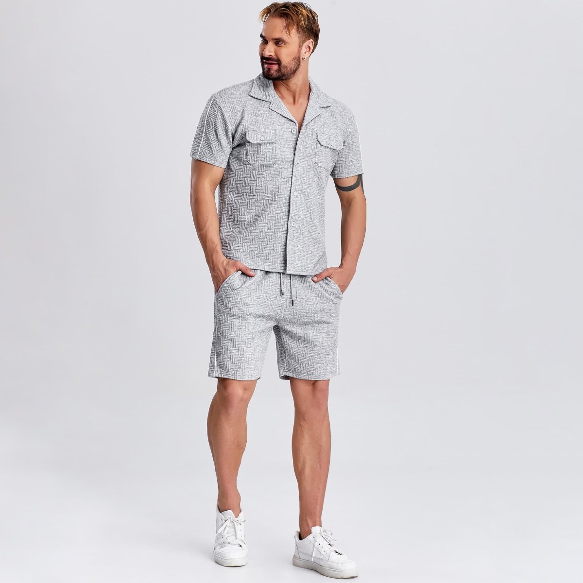 grey waffle mens short sets 2 piece outfits drawstring