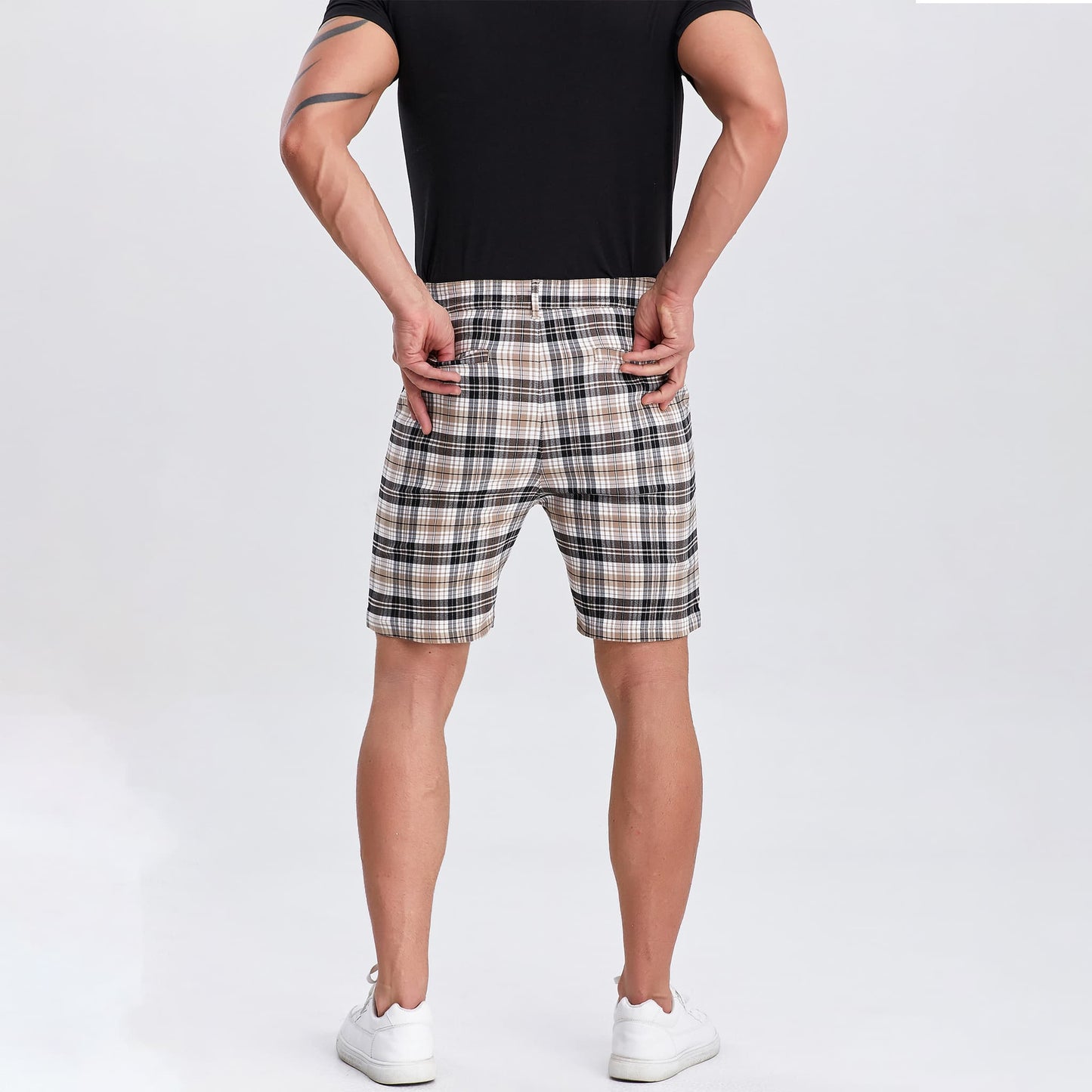 brown plaid mens shorts 9 inch inseam slim fit stretch
