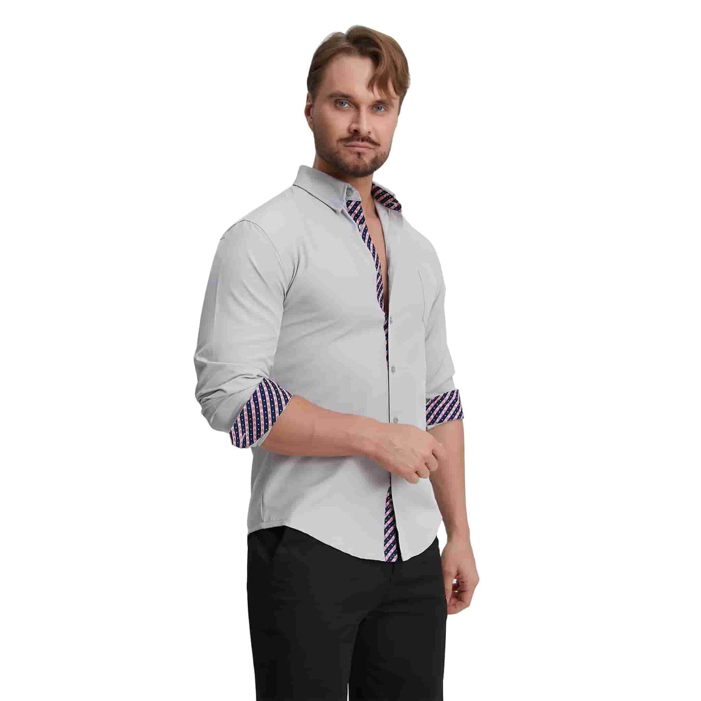 Men's Long Sleeve Dress Shirts Slim Fit Inner Contrast Business Casual Button Down Light Grey Shirt