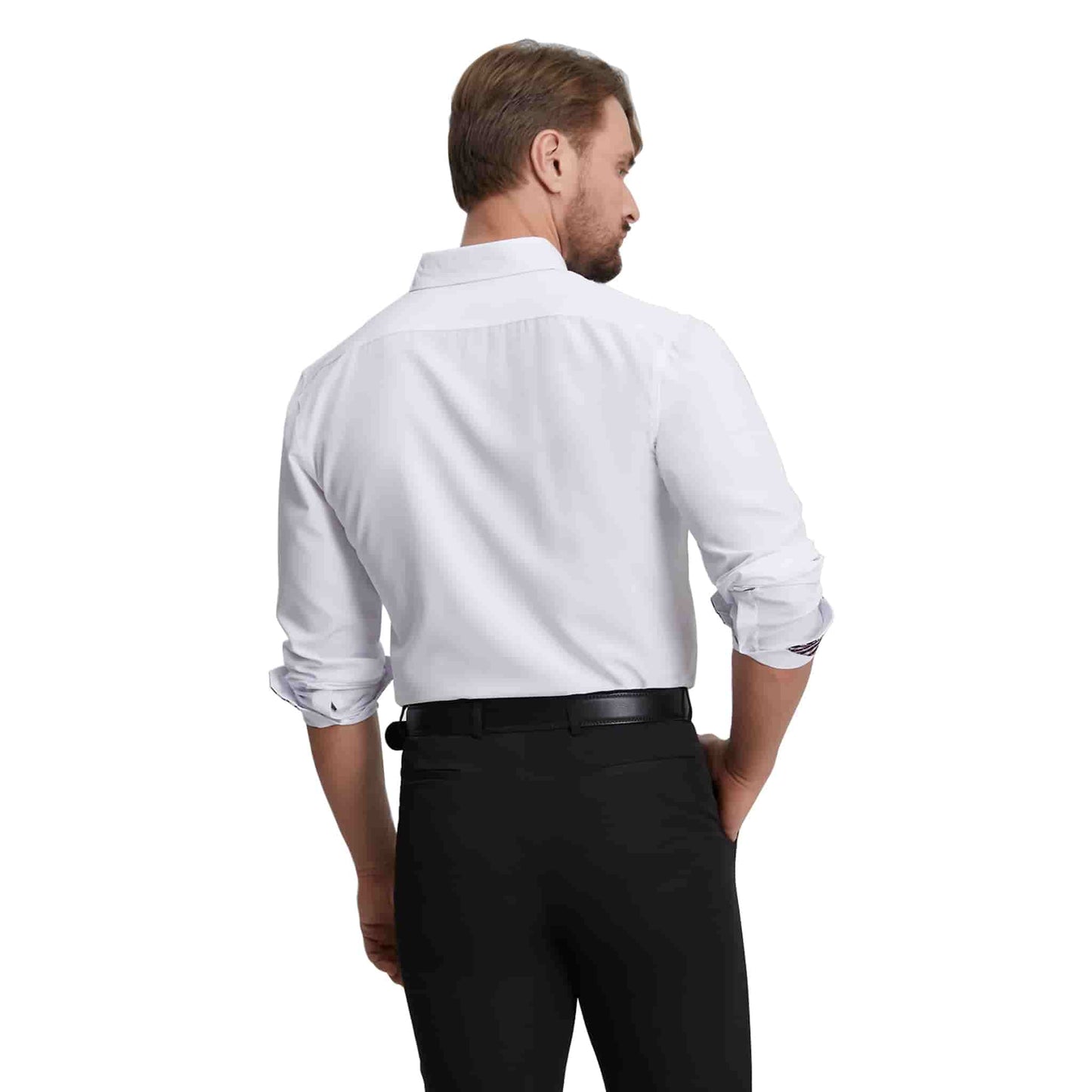 Men's Long Sleeve Dress Shirts Slim Fit Inner Contrast Business Casual Button Down White Shirt