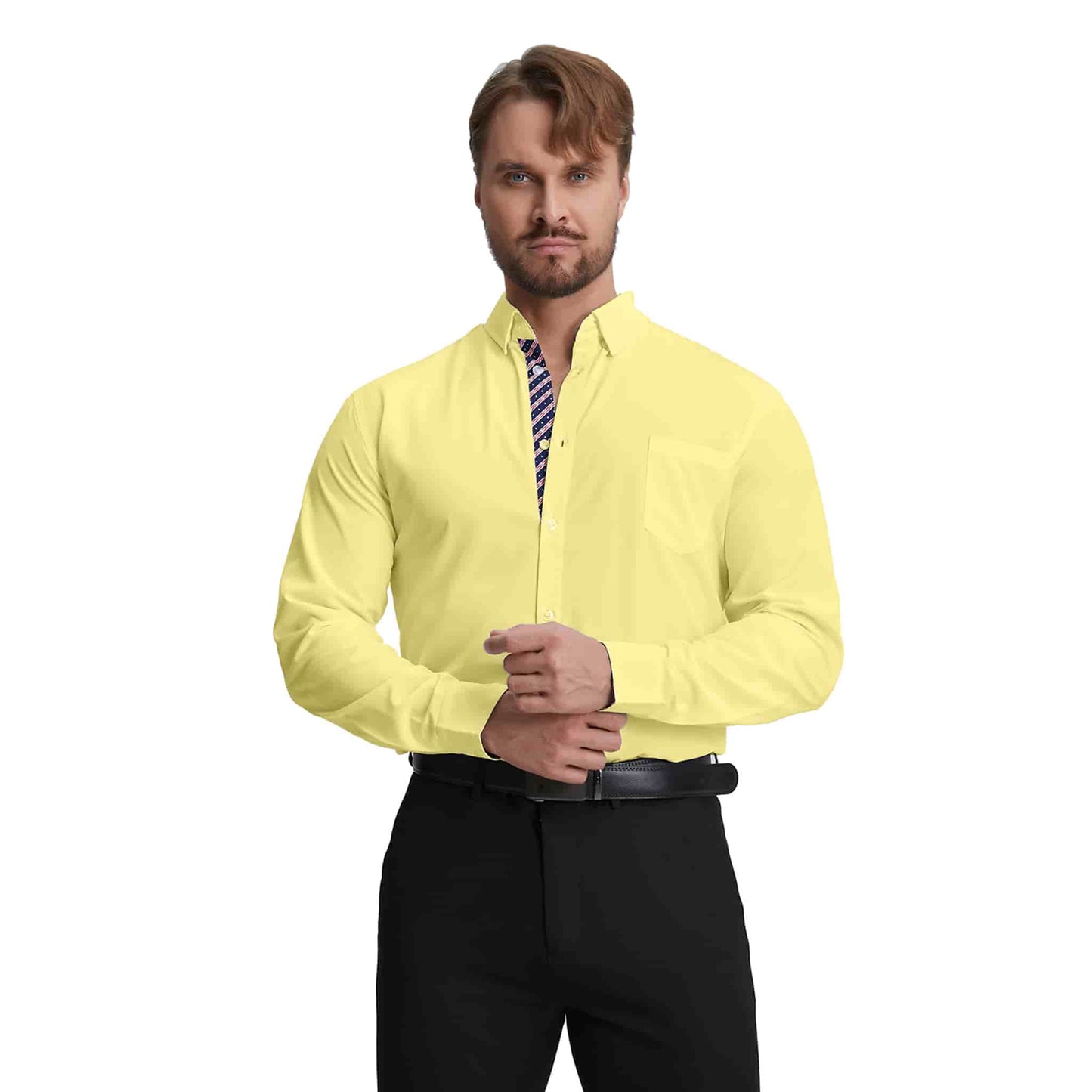 Men's Long Sleeve Dress Shirts Slim Fit Inner Contrast Business Casual Button Down Yellow Shirt