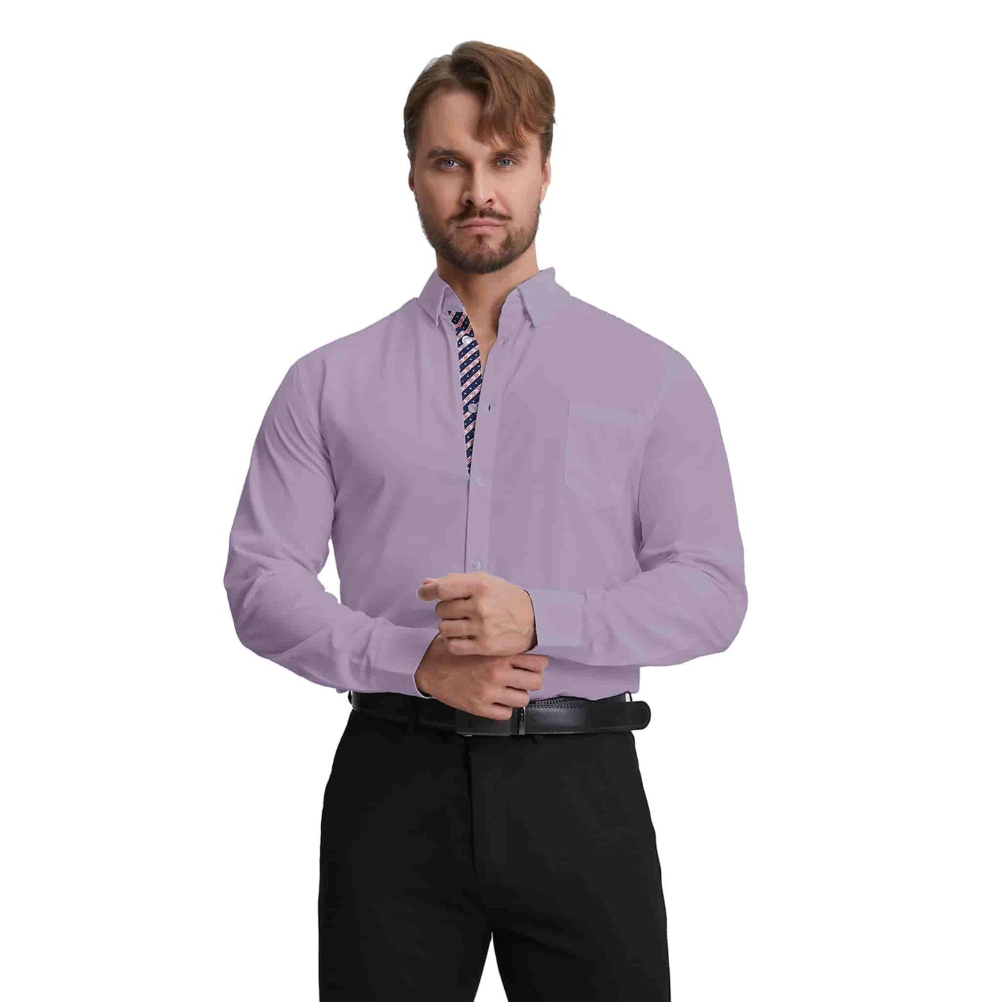 Men's Long Sleeve Dress Shirts Slim Fit Inner Contrast Business Casual Button Down Purple Shirt
