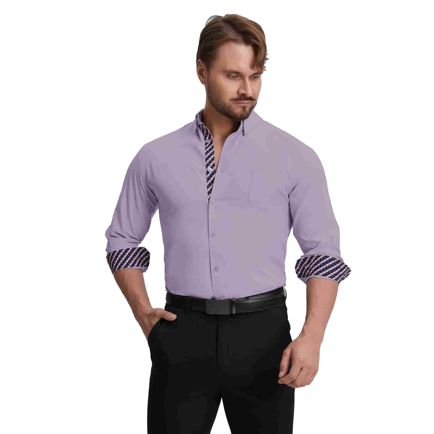 Men's Long Sleeve Dress Shirts Slim Fit Inner Contrast Business Casual Button Down Purple Shirt