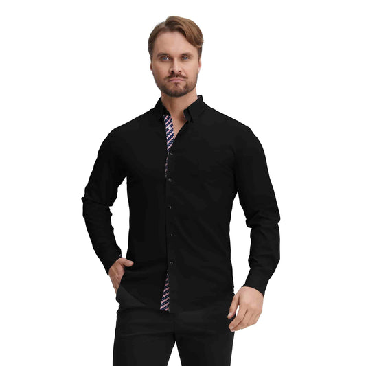 Men's Long Sleeve Dress Shirts Slim Fit Inner Contrast Business Casual Button Down Black Shirt