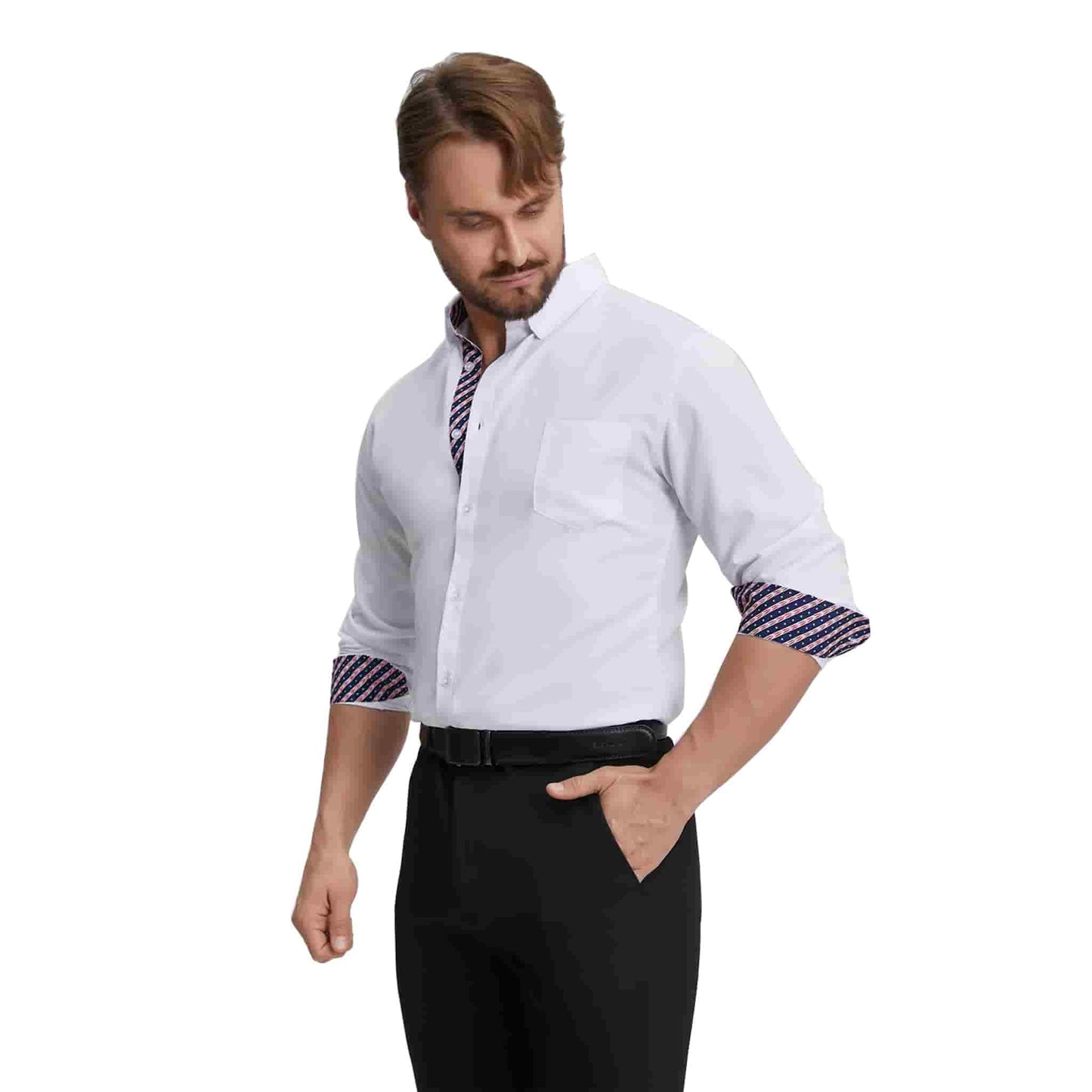 Men's Long Sleeve Dress Shirts Slim Fit Inner Contrast Business Casual Button Down White Shirt