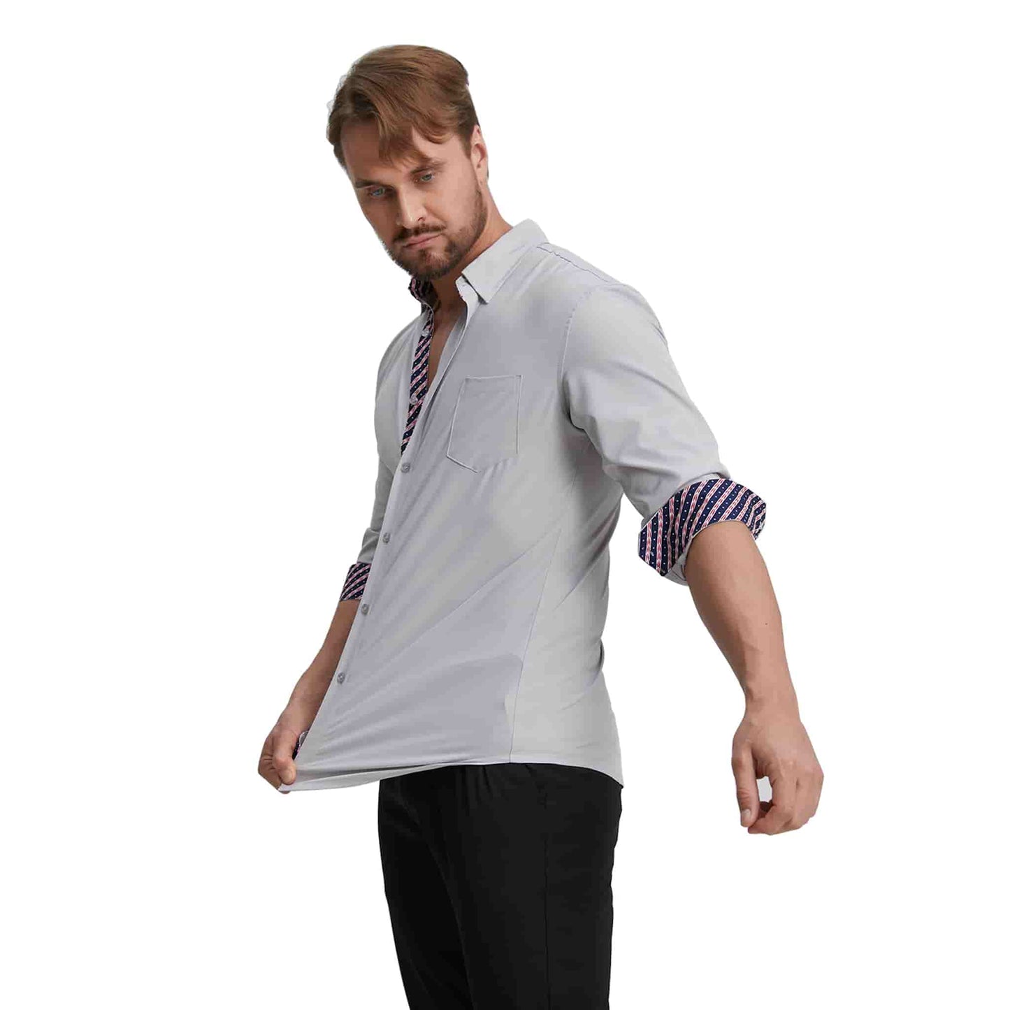 Men's Long Sleeve Dress Shirts Slim Fit Inner Contrast Business Casual Button Down Light Grey Shirt