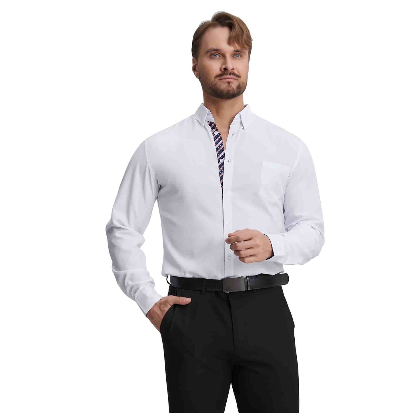Men's Long Sleeve Dress Shirts Slim Fit Inner Contrast Business Casual Button Down White Shirt